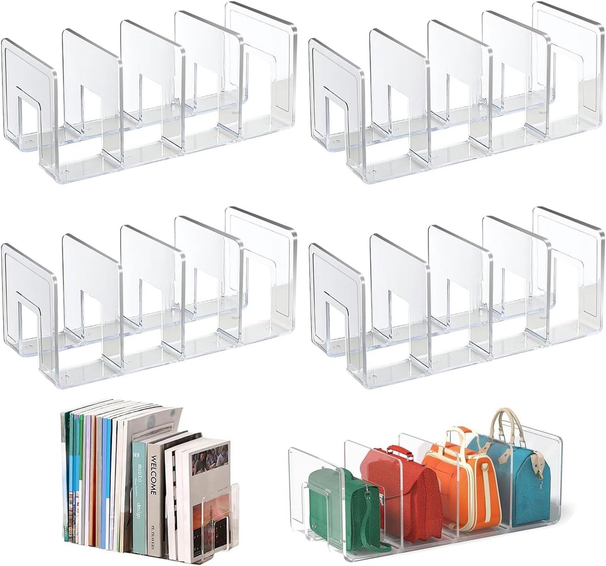 Transparante Plankverdeler Set van 4, Handtas Organizer, Opbergrek, Scheidingswanden voor Efficiënte Indeling en Ruimtebesparing (32 x 15 x 13 cm)