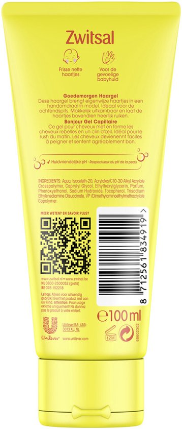 Achterkant van een Zwitsal goedemorgen haargel tube. Toont ingrediënten en gebruiksaanwijzing.