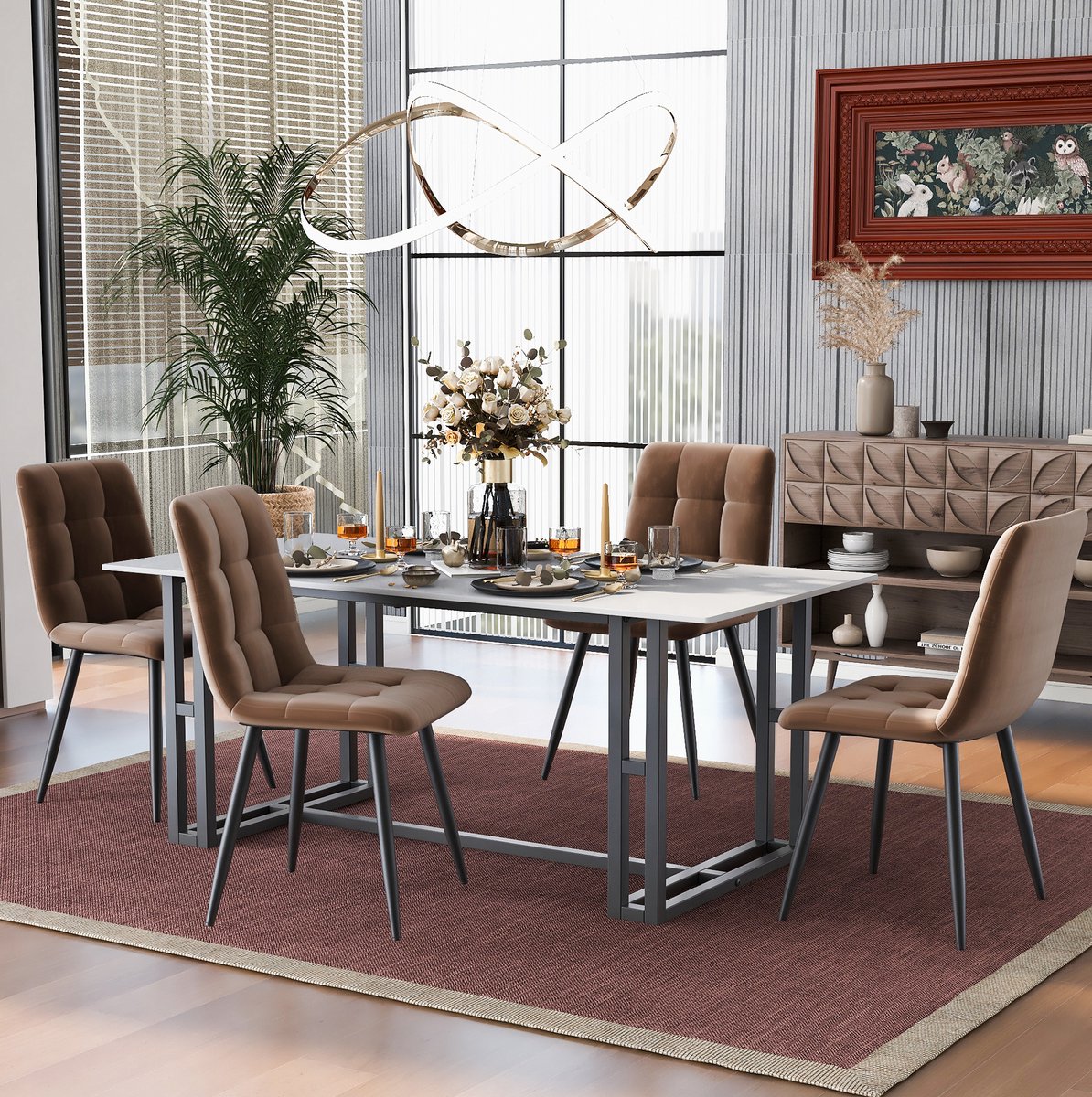 Wishdor Eetkamerstoel - 4-delig - Met rugleuning en gestikte zitting - Moderne design - Woonkamer keuken eetkamer kantoor - Velvet metaal - Bruin - 86 x 46 cm