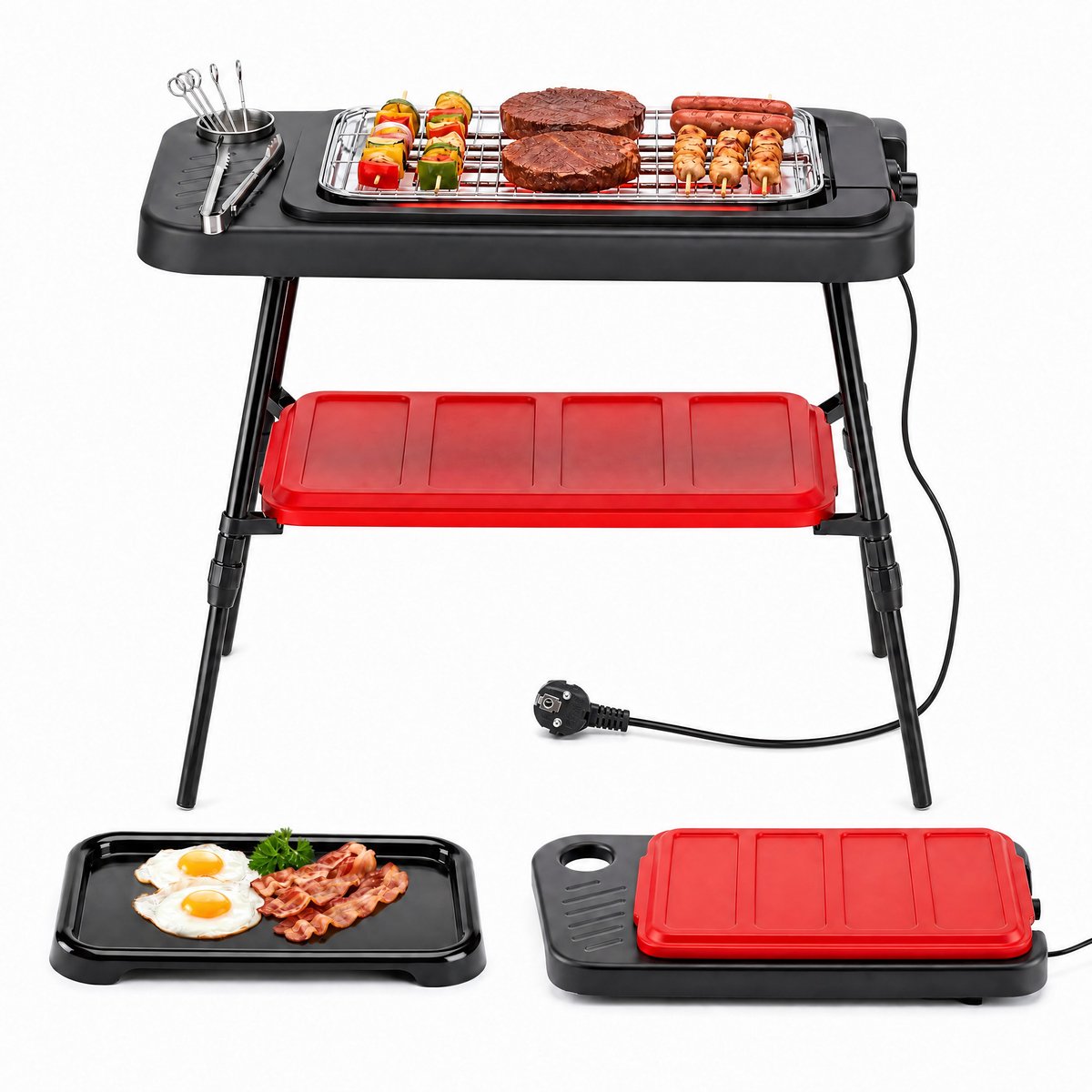 SureDeal® - Barbecue - Elektrogrill Staande Grill - Dubbele Grillplaten - Hoogteverstelbare Standaard - 80x53x41,5 cm - Zwart + Rood