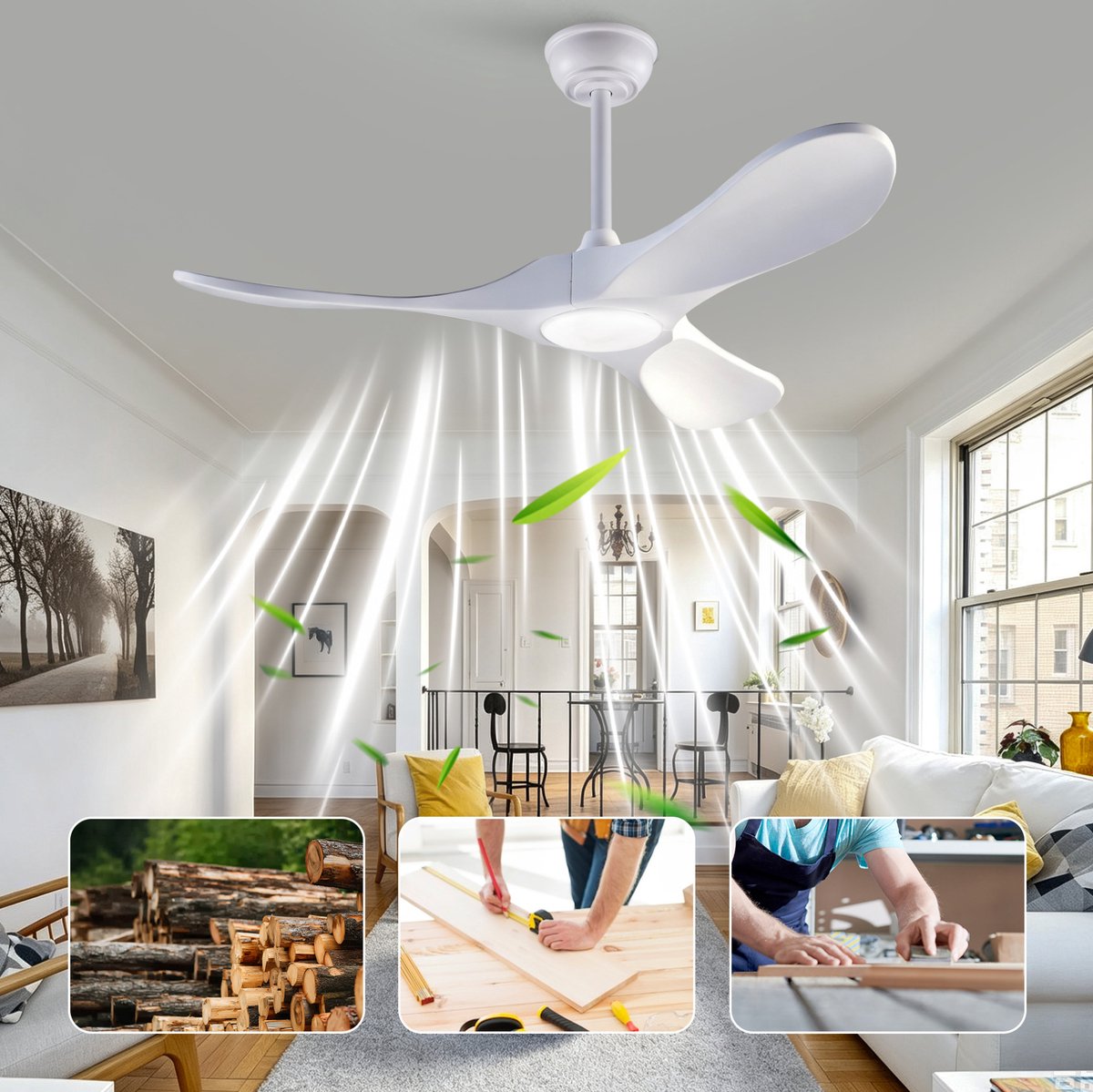 COVREO Plafondventilator met verlichting 107 cm wit hout - afstandsbediening - 6 snelheden - timer