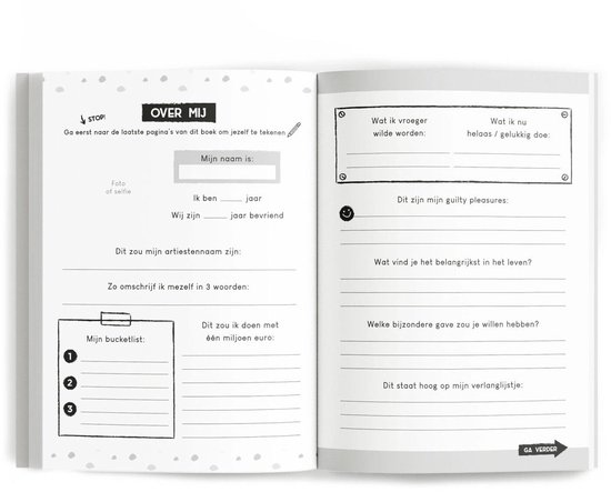 Open vriendenboek met 'Over mij' pagina met invulvelden voor naam, leeftijd, vriendschapsduur, artiestennaam en bucketlist. Rechts een 'Wat ik vroeger wilde worden' sectie.