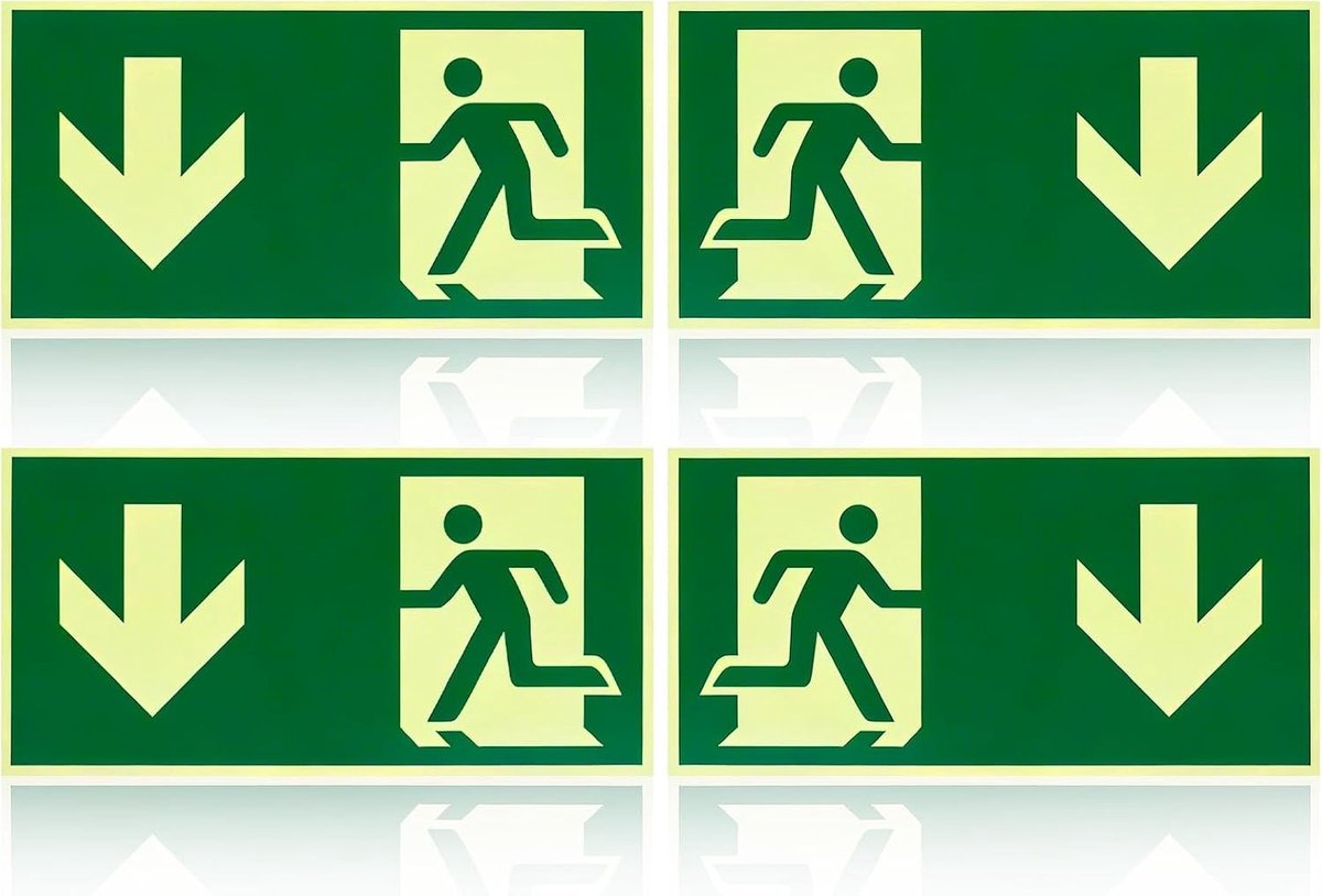 Set van 4 nooduitgang naar beneden PVC-stickers, weerbestendig voor binnen en buiten (29 x 13 cm) - Veiligheid, Signalisatie, Visibiliteit