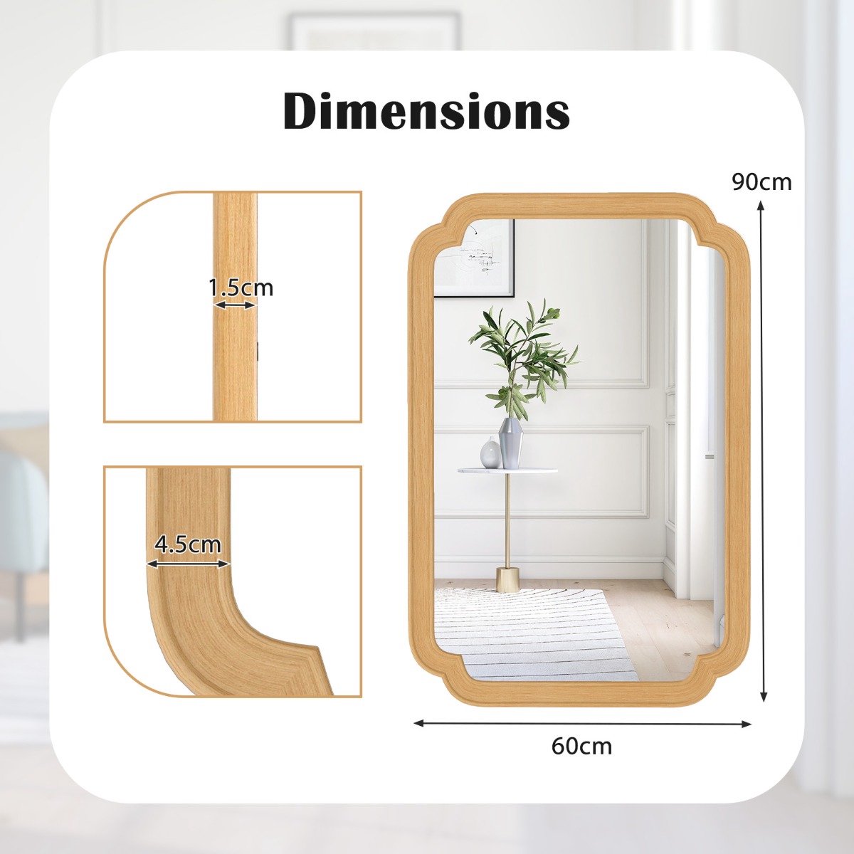 SureDeal® - Wandspiegel - Rechthoekige Spiegel - Houten Boerderij Stijl - Woonkamer - 90x60 cm - Naturel