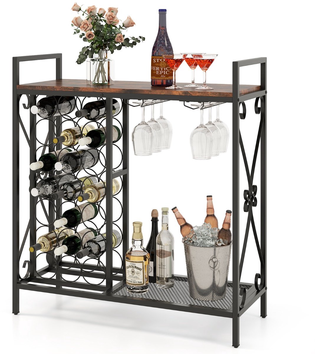SureDeal® - Consoletafel - Wijnrek - Flessen Vrijstaand Flessenrek - Glashouder - Tafelblad Wijnstandaard Metaal - 93x38x102 cm - Koffiebruin