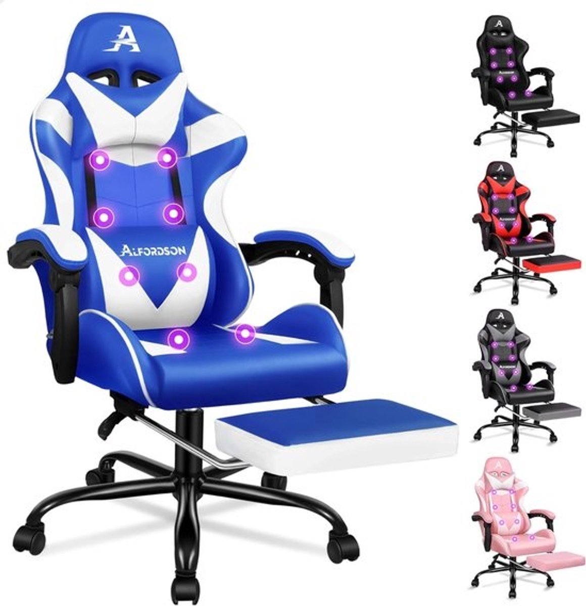 Gamingstoel met Massagefunctie en Voetensteun - Ergonomische Racestoel met Verstelbare Hoogte en Belastbaarheid tot 180 kg