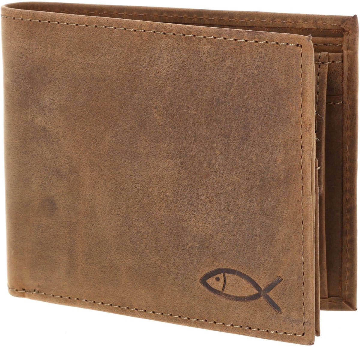 oxmox Leren portemonnee Leather RFID Protect Querscheinbörse Freedom Fish Embossed Vintage Light Brown bruine