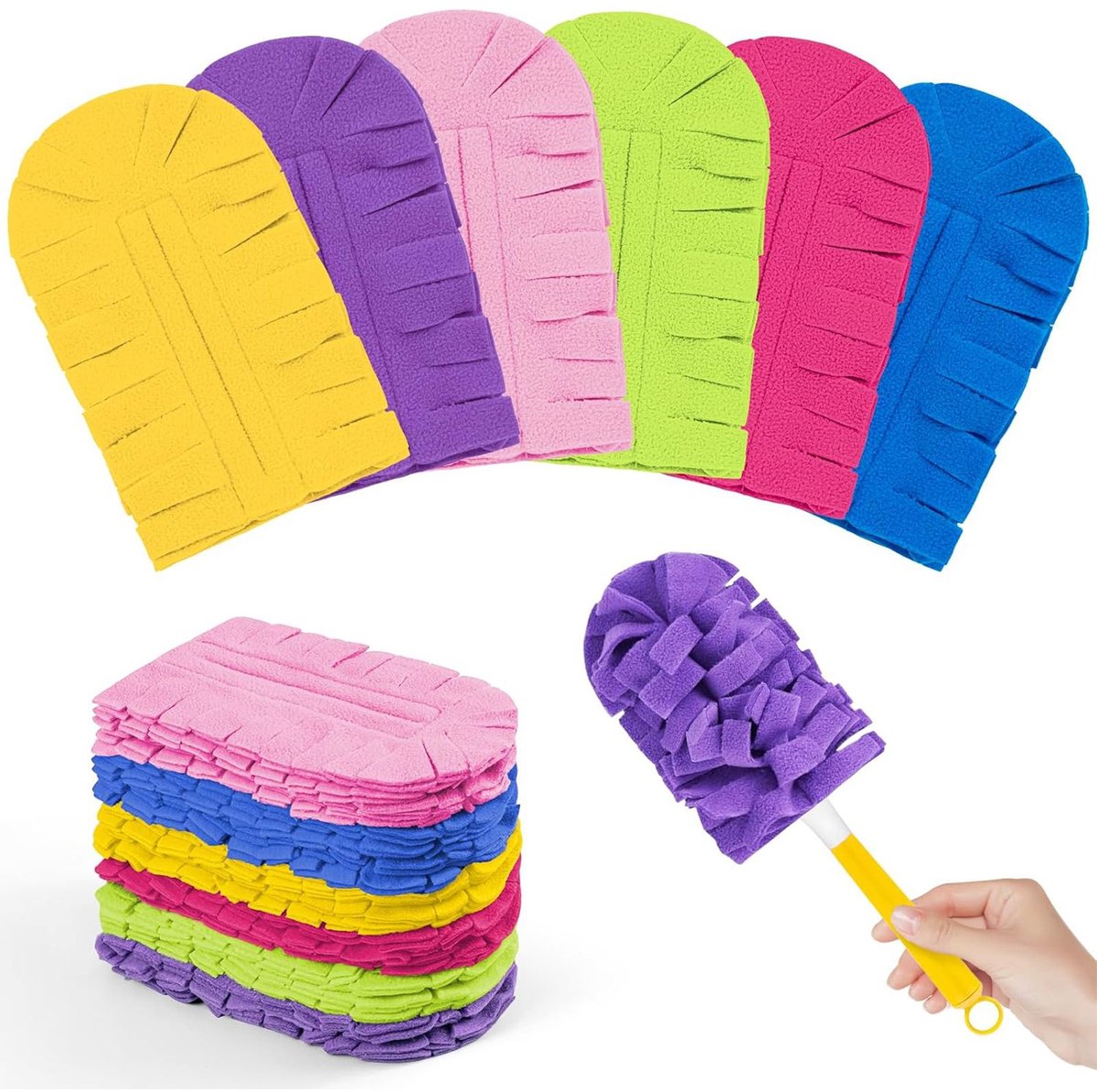 12‑delige set herbruikbare microvezel stofdoekjes + 1 handvat- wasbare fleece stofpads- 360° multi‑oppervlakte reiniging- extra sterk- geschikt voor nat‑ en drooggebruik- regenboogkleuren- geschikt voor de Swiffer Duster