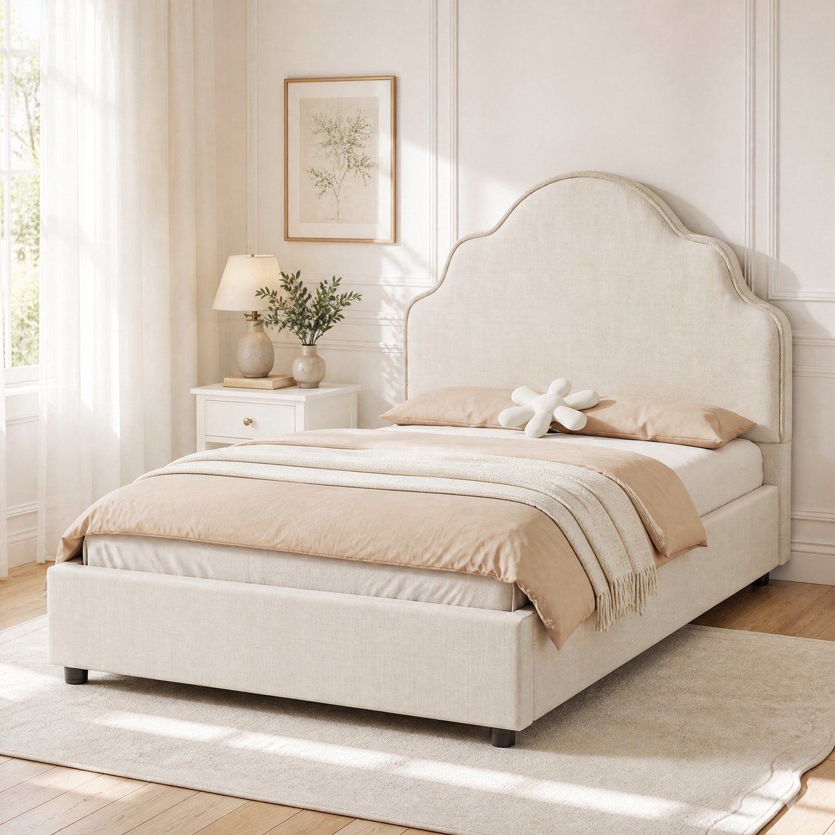 Bed – Gebogen Hoofdbord – 90 x 200 cm – Stof – Beige – Kinderbed Met Lattenbodem Zonder Matras