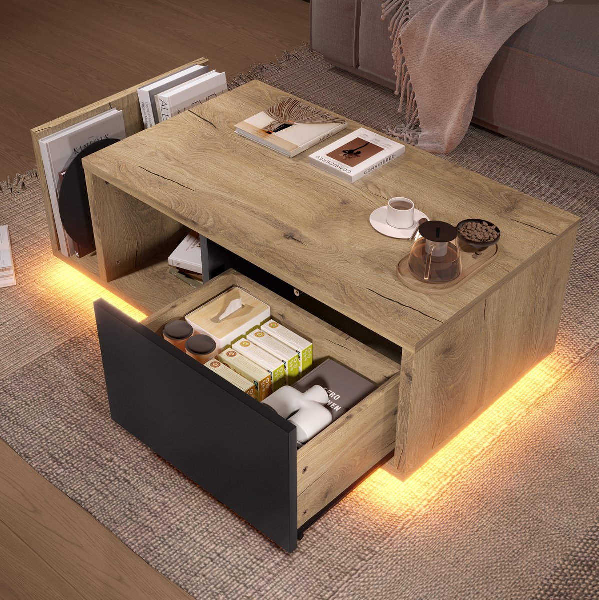 REDOM - Salontafel met lade - Rechthoekige vorm - Opbergruimte - Retro stijl - Woonkamer - Hout en metaal - Naturel - 99,5 x 53 x 38 cm