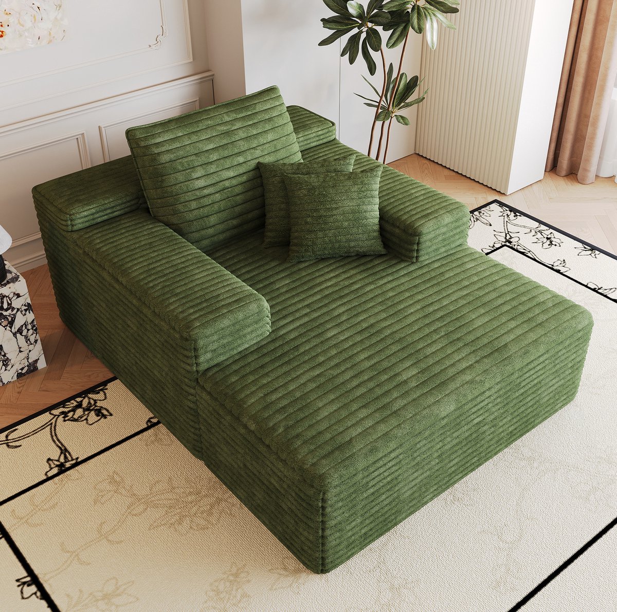 COVREO Chaise longue 115x159 cm groen ribstof - 1 zits - zonder montage - met armleuningen en zacht zitcomfort