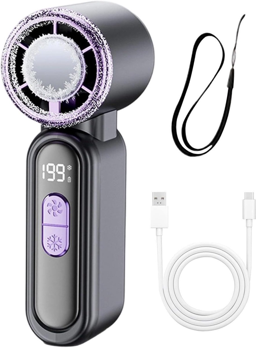 Mini Ventilator Draagbaar - Handventilator met IJs Koeling - Semiconductor Koeling - Oplaadbaar USB - Stil & Krachtig - 199 Standen - Compacte Zakventilator voor Reizen, Festival, Kantoor & Thuis - stille motor - Draagbare ijsventilator - Grijs