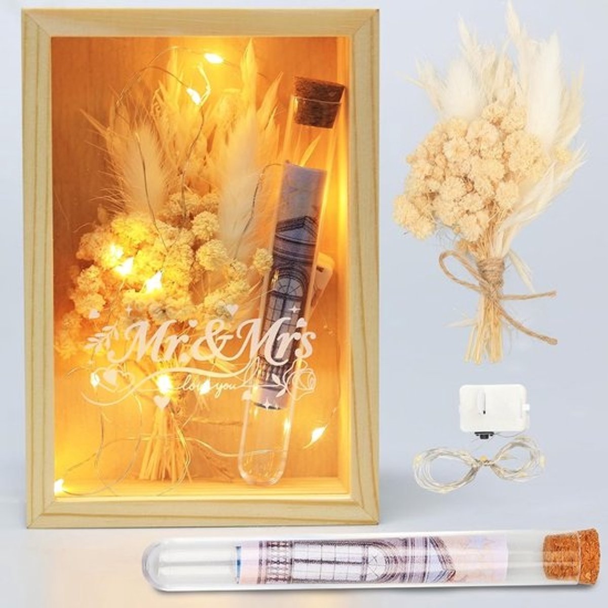 Premium geschenkdoos voor bruidspaar met natuurlijke materialen en led-lichtjes