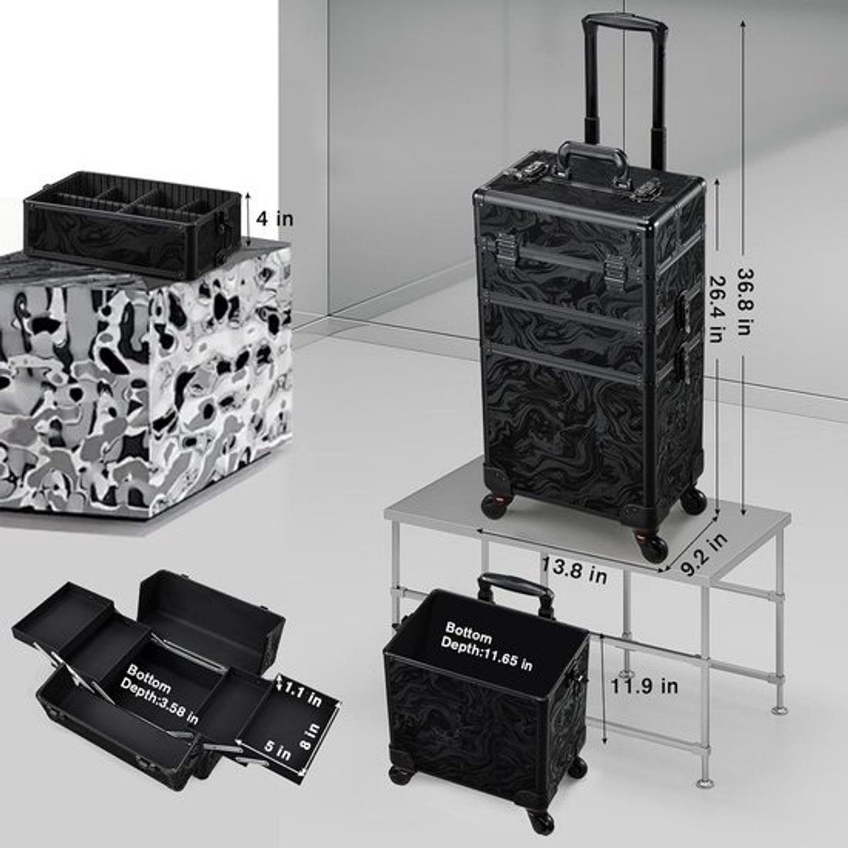Grote Make-up Koffer op Wielen - 3-in-1 Trolley voor Cosmetica en Kappersbenodigdheden, Zwart