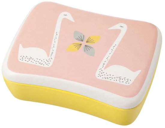 Roze lunchbox met twee witte zwanen en een bloem. Gele onderkant.