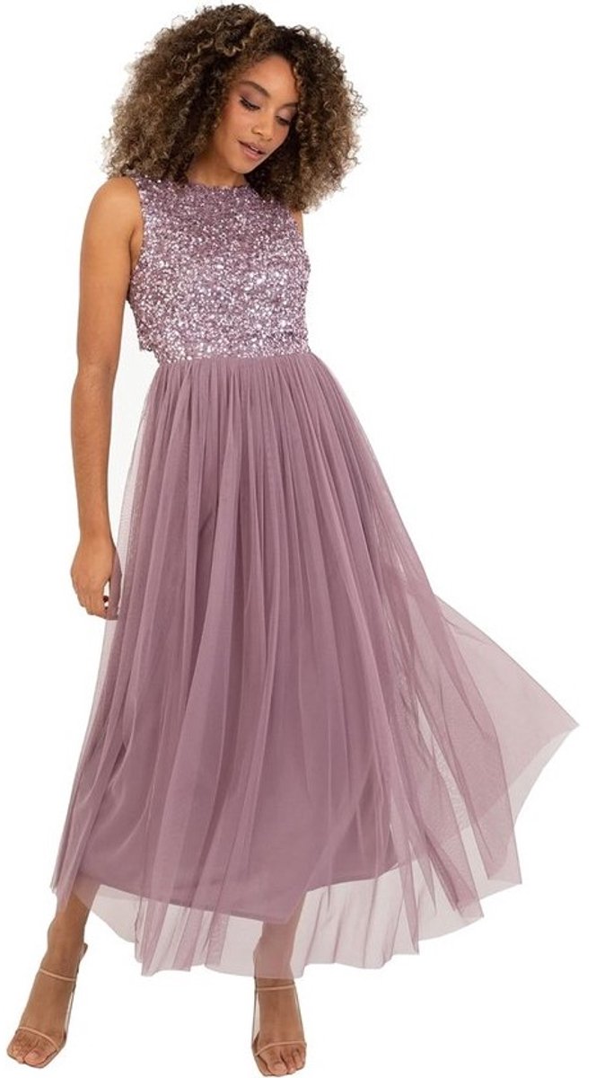 Elegante Midaxi Jurk Dames Sleeveless Pailletten Empire Taille Tule Bruiloft Gast Bruidsmeisje