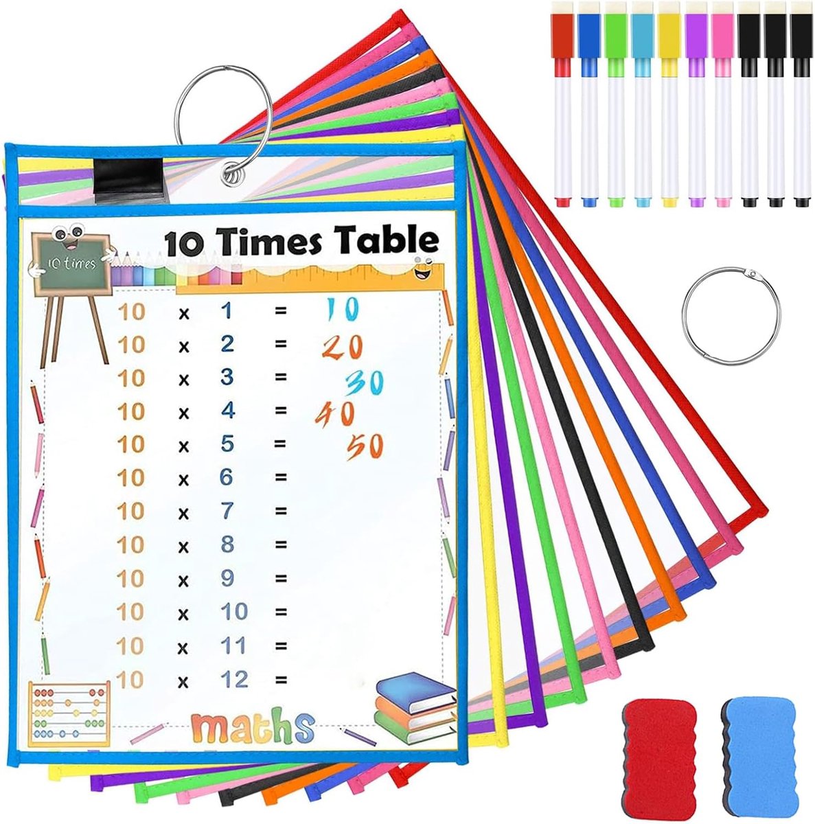 SnelShoppen - 10 stuks Herbruikbare A4 Dry Erase Tassen met Whiteboardstiften, Gummen en Roestvrijstalen Ringen - Ideaal voor School, Thuis of op het