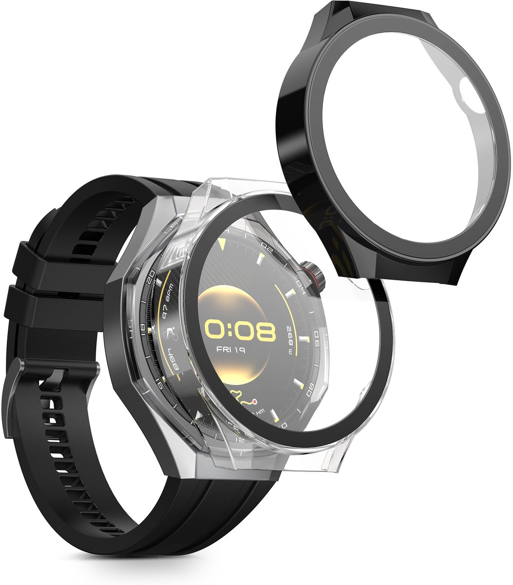 kwmobile 2x cover geschikt voor Huawei Watch GT6 Pro 46mm - Fitnesstracker cover van gehard glas en kunststof frame set zwart / transparant