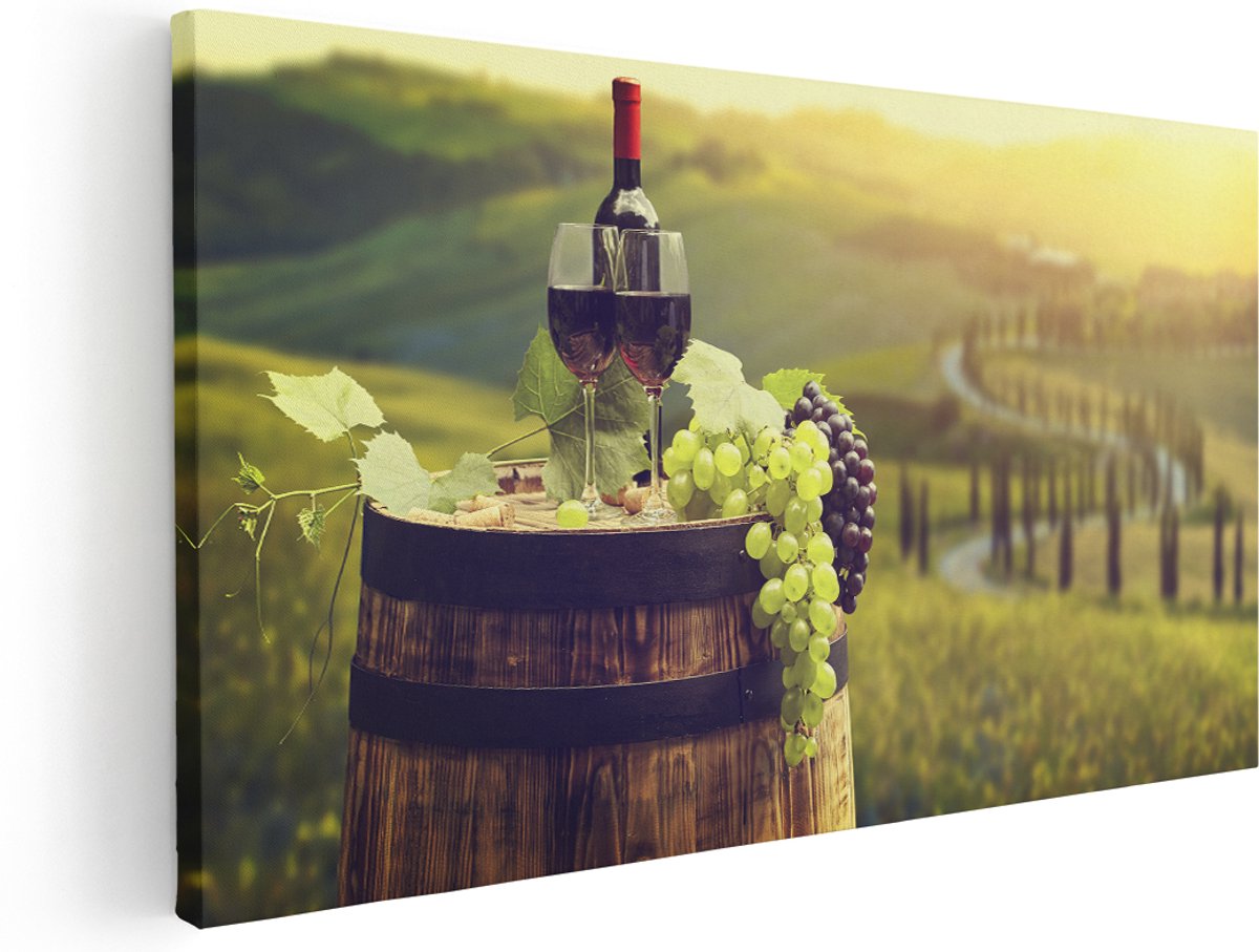 Artaza Canvas Schilderij Wijn met Druiven op een Vat in Toscane - 160x80 cm - Groot - Wanddecoratie Woonkamer - Schilderijen - Muurdecoratie