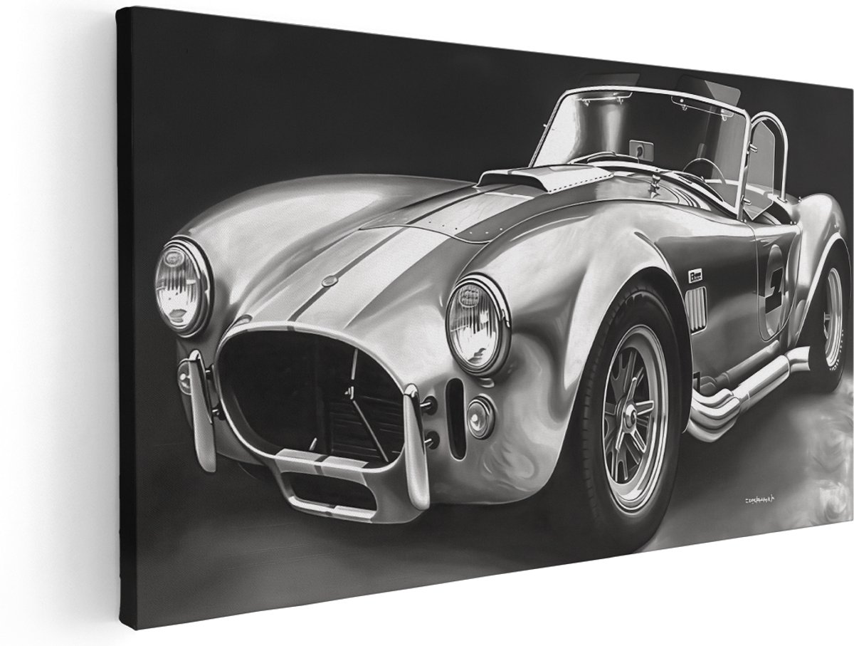 Artaza Canvas Schilderij Zwart Wit Zilveren Sportwagen - 160x80 cm - Groot - Klein - Wanddecoratie Woonkamer - Schilderijen - Muurdecoratie