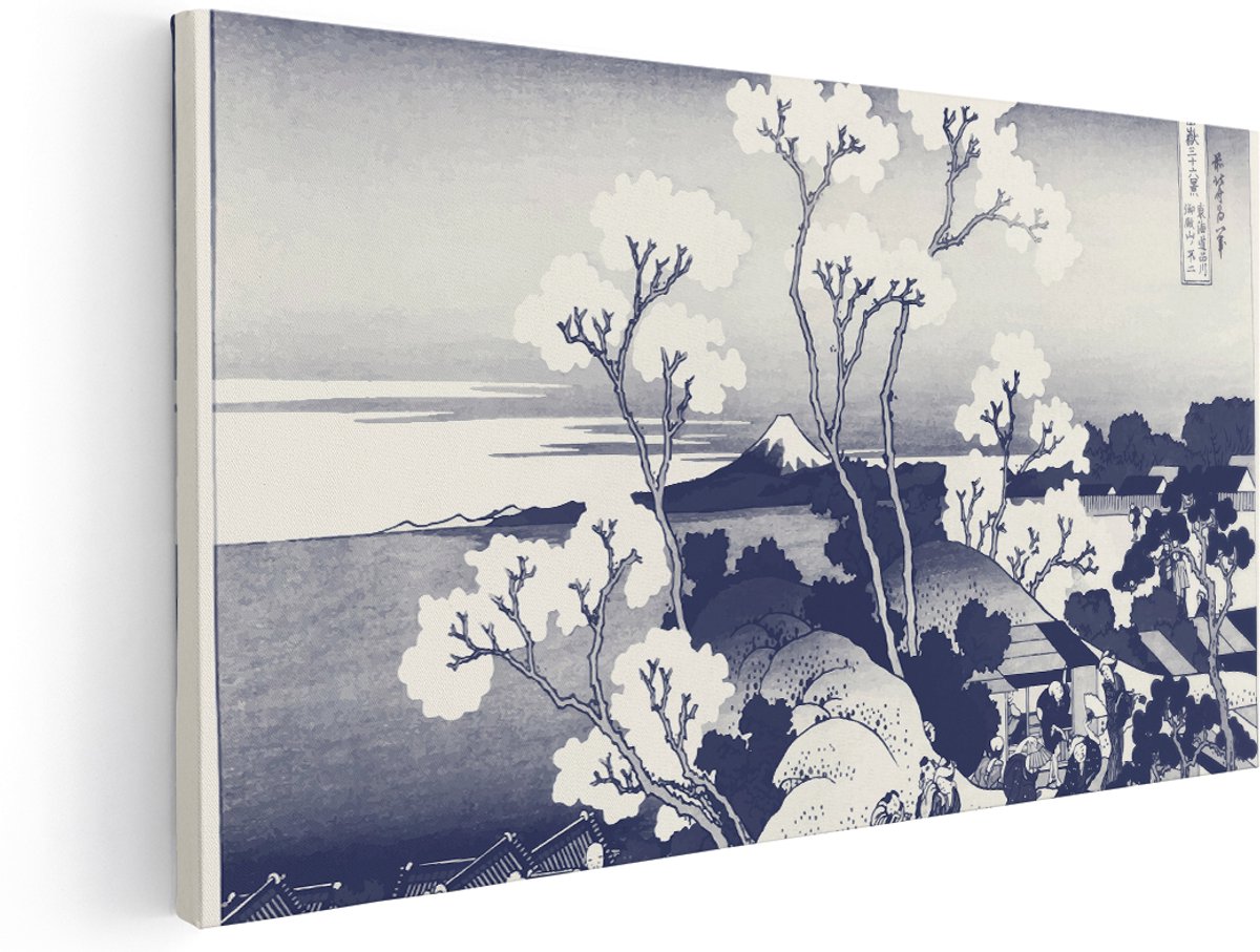 Artaza Canvas Schilderij Japans Landschap - 160x80 cm - Groot - Wanddecoratie Houtsnede Fuji - Muurdecoratie Bloesem - Decoratie Woonkamer - Delfts Blauw