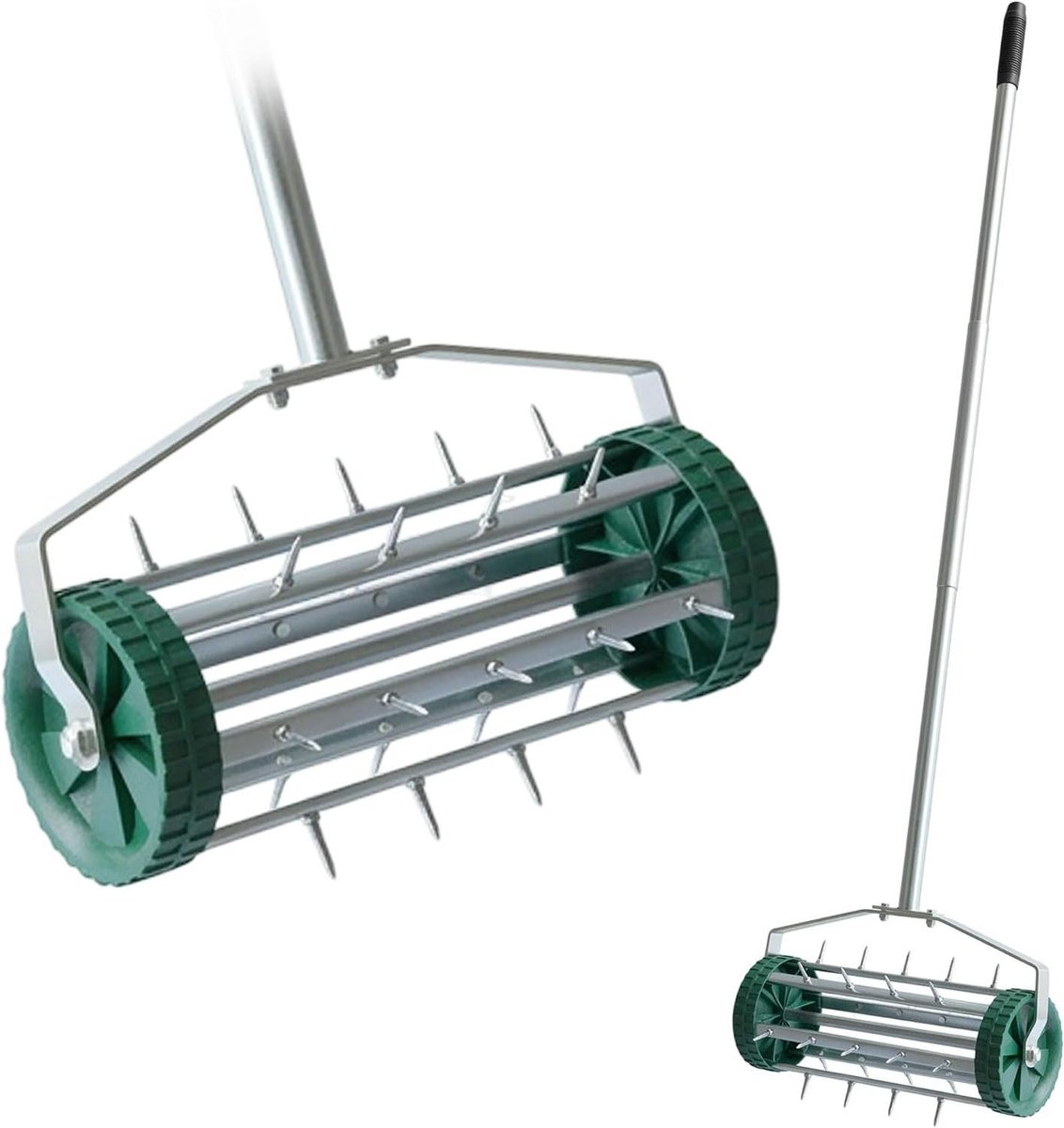 Gazonbeluchter Rol - Tuinwals Beluchter - Gazon Onderhoud - 27 Stalen Spikes - 148 x 44 cm - Zilver Groen