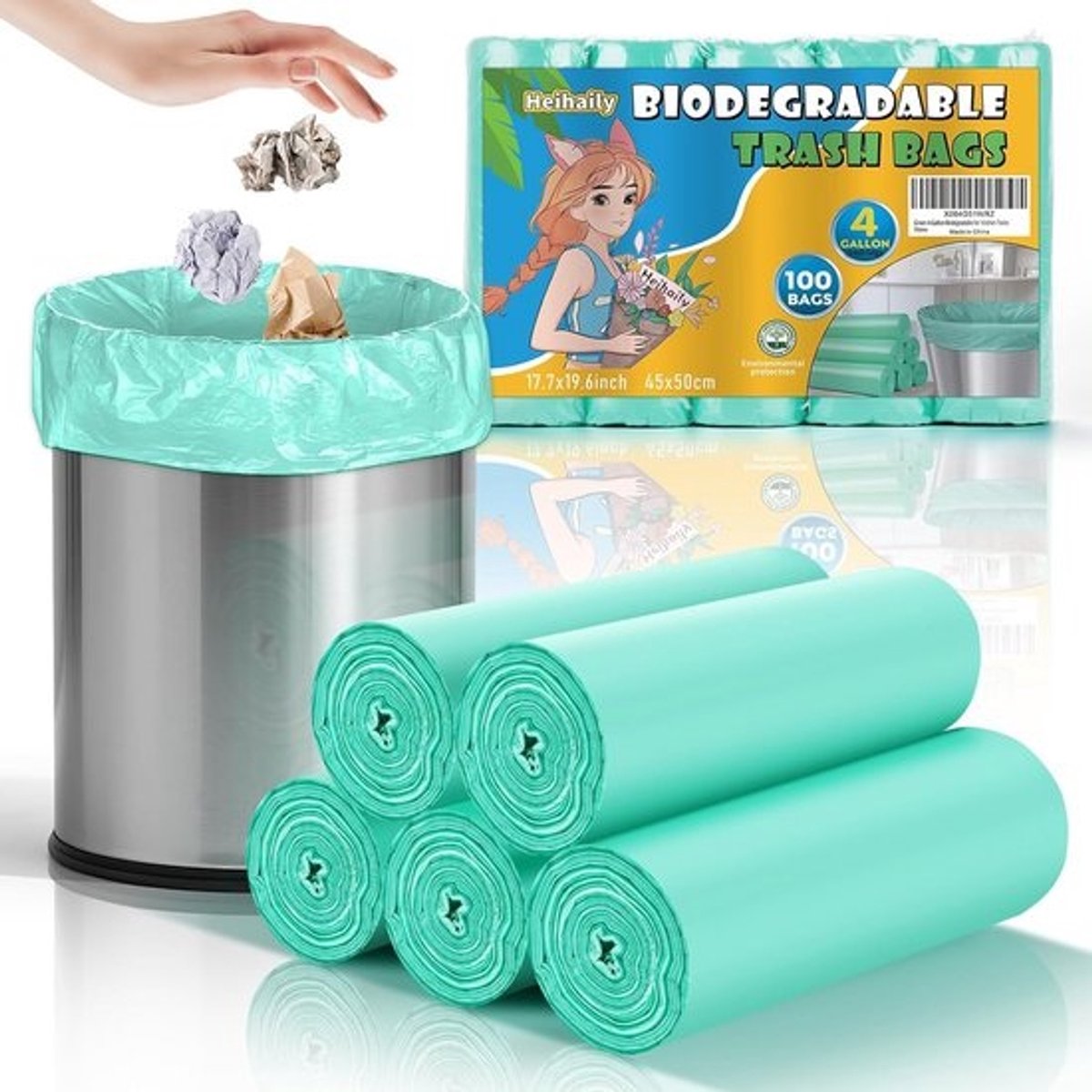Biologisch afbreekbare vuilniszak 4-gallon - 15 liter, 100 stuks, extra dik en sterk voor badkamer, keuken en toilet