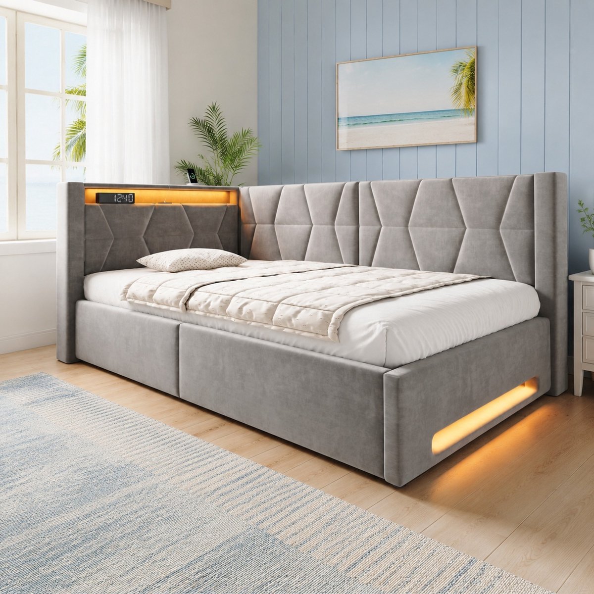 MODENUIT Bed 90 x 200 cm - Met Opbergruimte, LED Verlichting, USB en Type-C - Voor Slaapkamer - Stof - Grijs