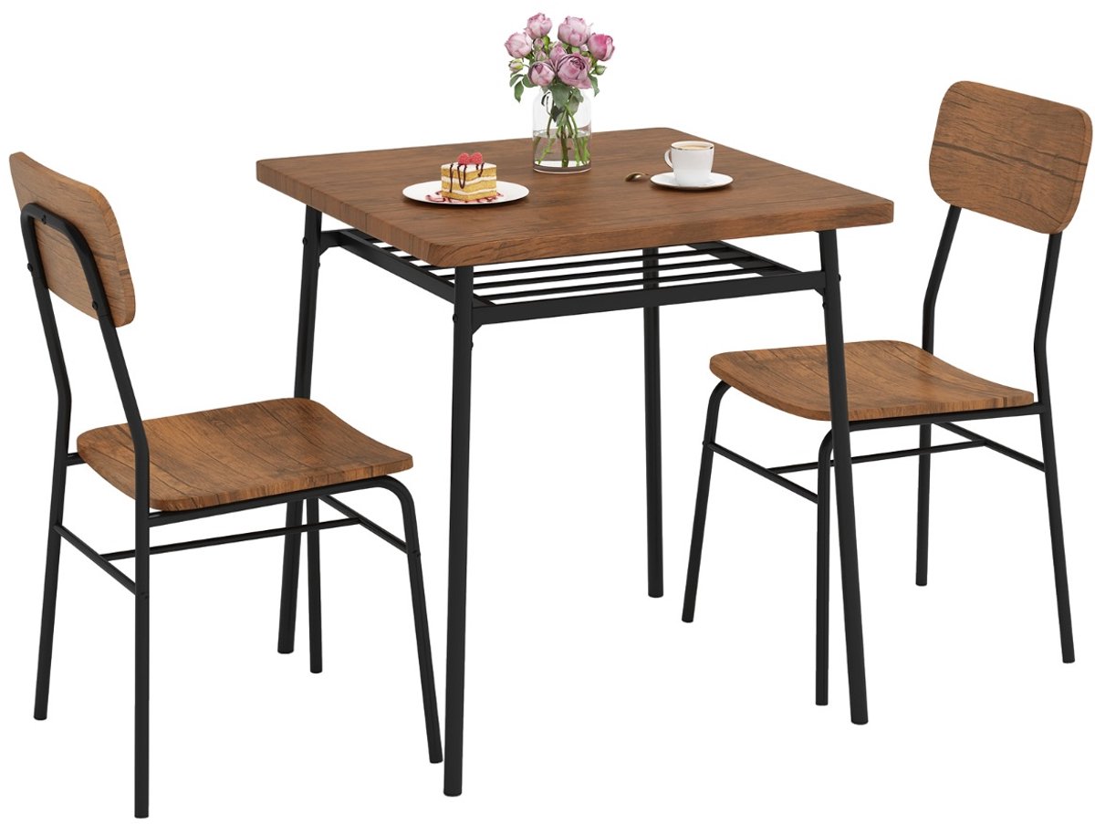 SureDeal® - Eettafel - Bartafelset Delig - Stoelen Kleine Eetgroep - Legplank - Metalen Keukenbar Zitgroep - 70x70x77 cm - Bruin