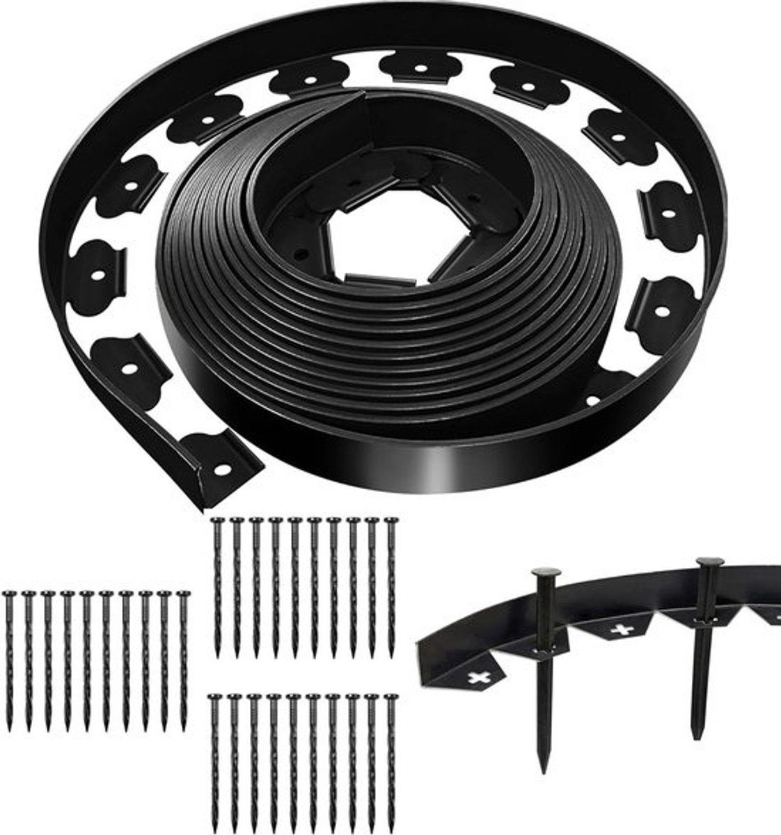 Flexibele gazonrand van 10 meter - zwarte kunststof tuinrand - met 30 bevestigingspinnen - voor bloembedden, gazons en bestratingsontwerp - 50 mm hoog