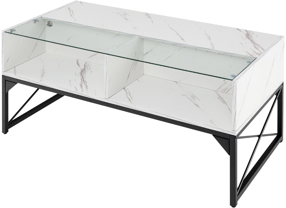 SureDeal® - Salontafel - Hoogglans - Blad Imitatiemarmer - Gehard Glas LED - Afstandsbediening - 105x55x50 cm - Wit