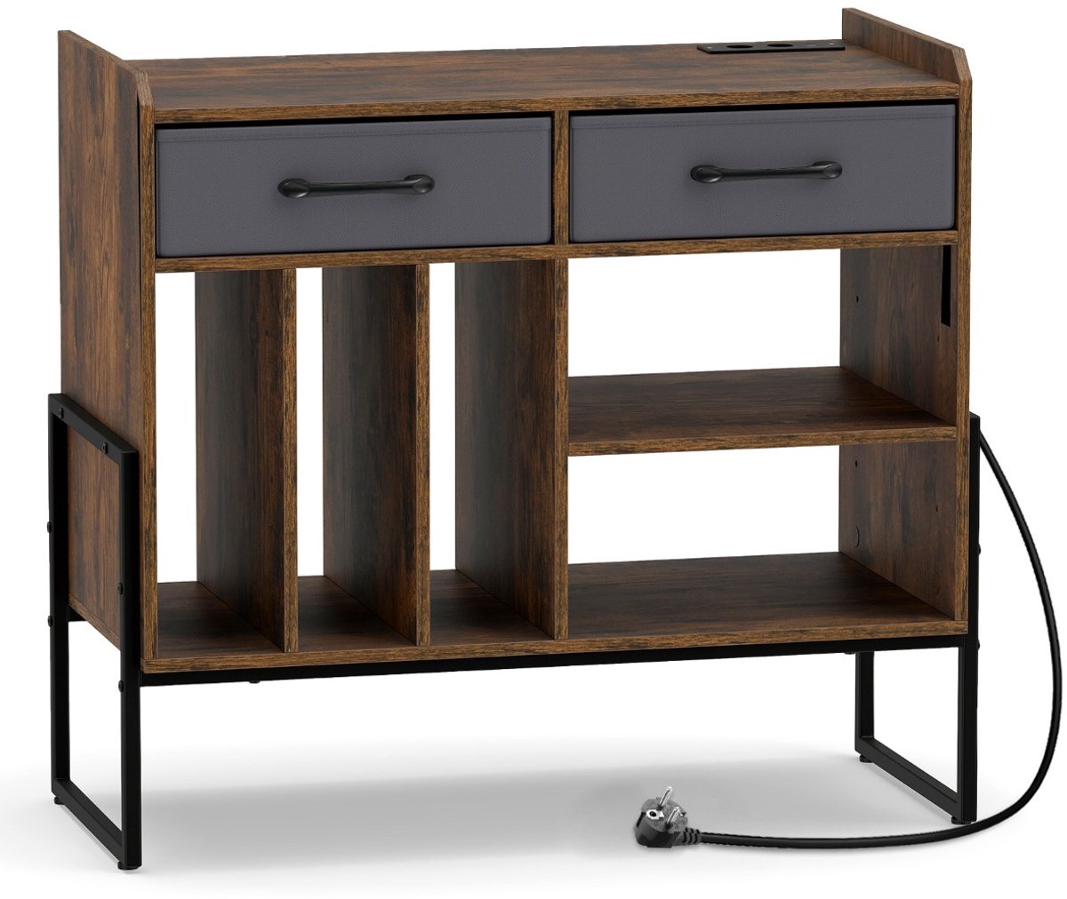 SureDeal® - Opbergrek - Platenrek Platenspelertafel - Stopcontacten USB - Type aansluitingen Geschikt - 76x35,5x68,5 cm - Koffiebruin