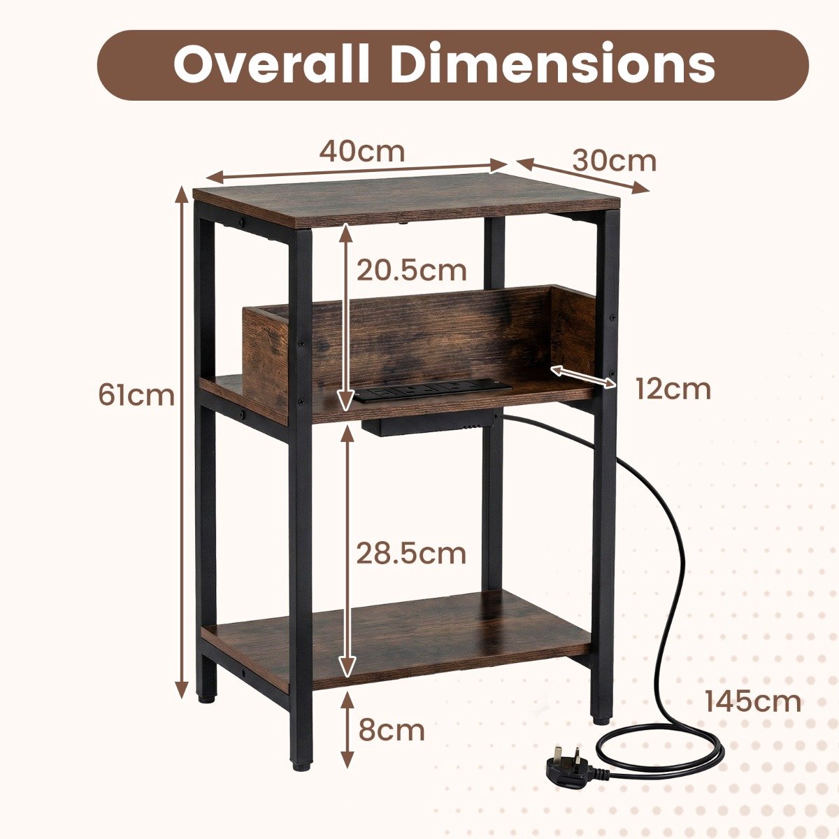 SureDeal® - Bijzettafel - Oplaadstation traps Eindtafel - Open Opbergplanken Nachtkastje - USB aansluitingen - 40x30x61 cm - Koffiebruin