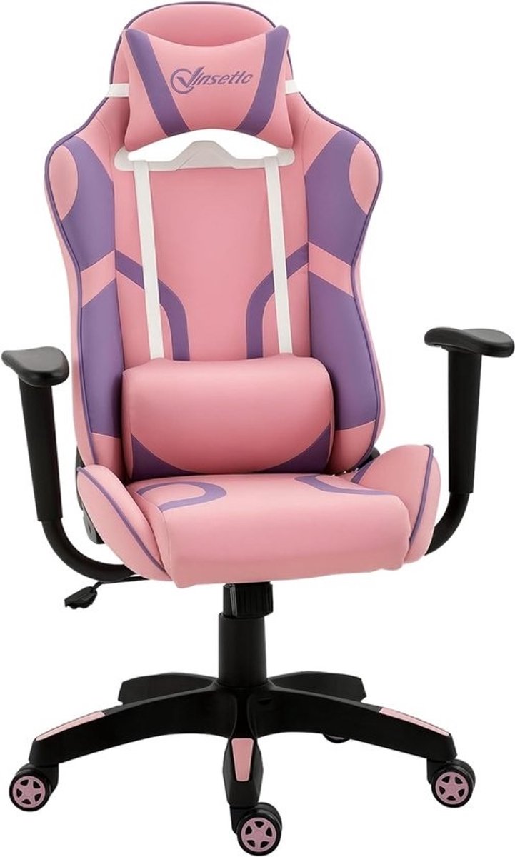 Ergonomische Gaming Stoel met Massage Lendenkussen - Verstelbare Kantoorstoel in Hoogte - Rose & Paars - 69x56x125,5 cm