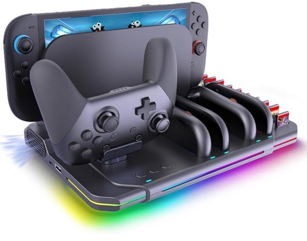 Oplaadstation voor Switch 2 met Koeling, 4 Controller Stations en Kaartopslag (10 Slots)