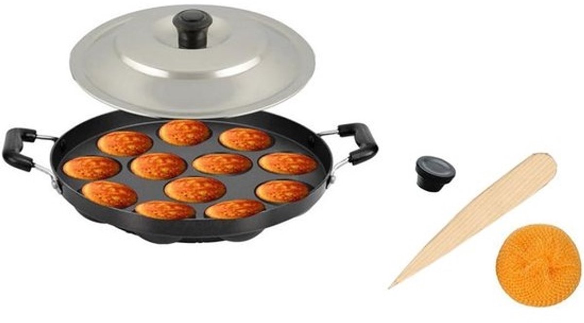 Appam Pan met Deksel - Paniyaram/Aebleskiver Pan - Non-Stick en Geschikt Voor 12 Stuks