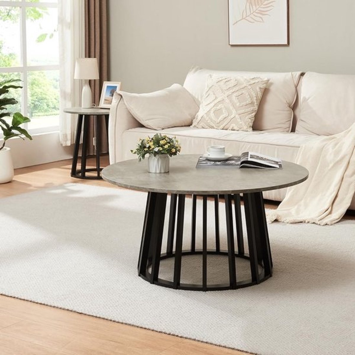Ronde Salontafel Ø90 cm met Bamboe Poten en Betonlook Tafelblad - Modern Woonkamermeubel