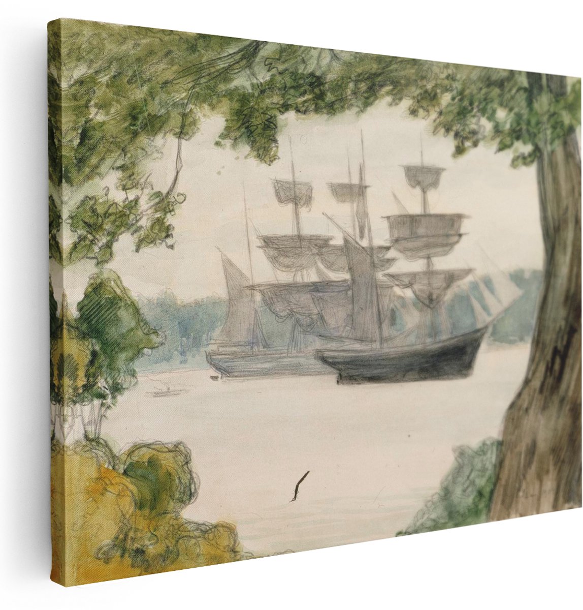 Artaza Canvas Schilderij Zeilboten - 160x120 cm - Groot - Wanddecoratie Vintage Landschap - Muurdecoratie Natuur - Kamer Accessoires Bos