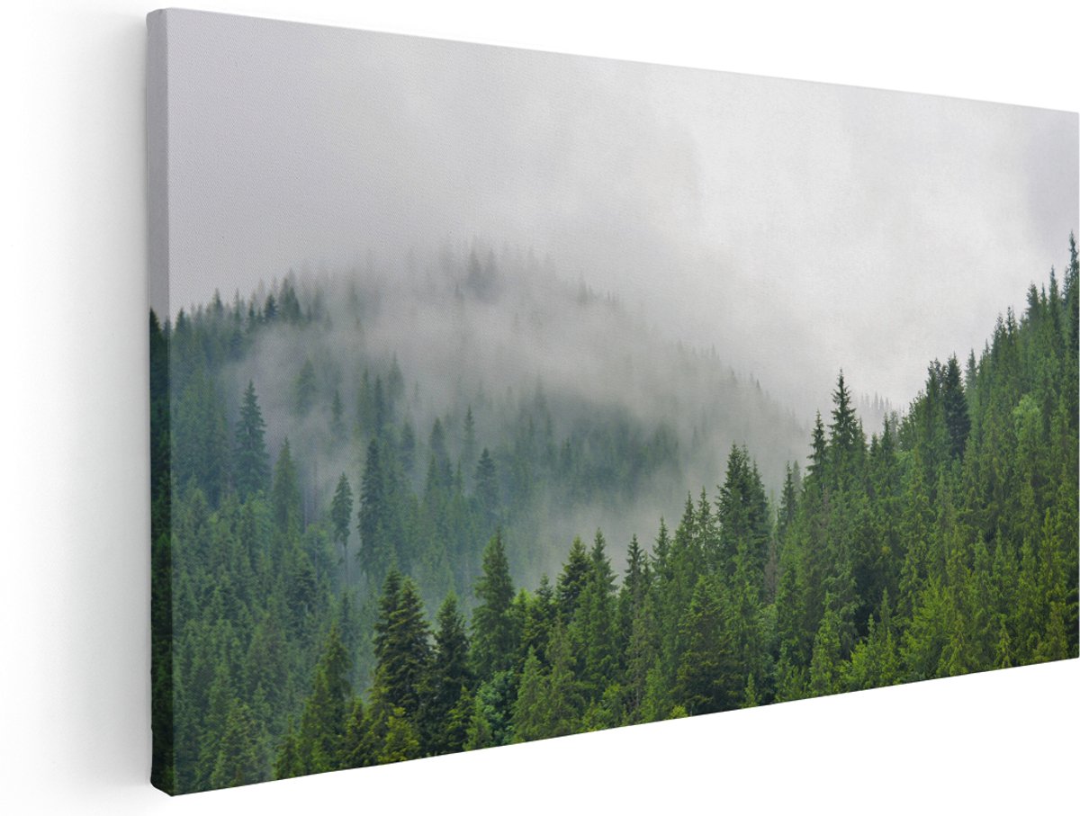 Artaza Canvas Schilderij Groen Bos Met Bomen Tijdens De Mist - 180x90 cm - Groot - Wanddecoratie Woonkamer - Schilderijen - Muurdecoratie
