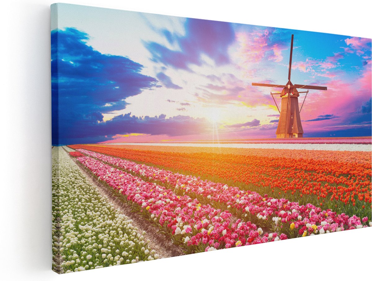 Artaza Canvas Schilderij Kleurrijke Bloemenveld Met Een Windmolen - 180x90 cm - Groot - Wanddecoratie Woonkamer - Schilderijen - Muurdecoratie