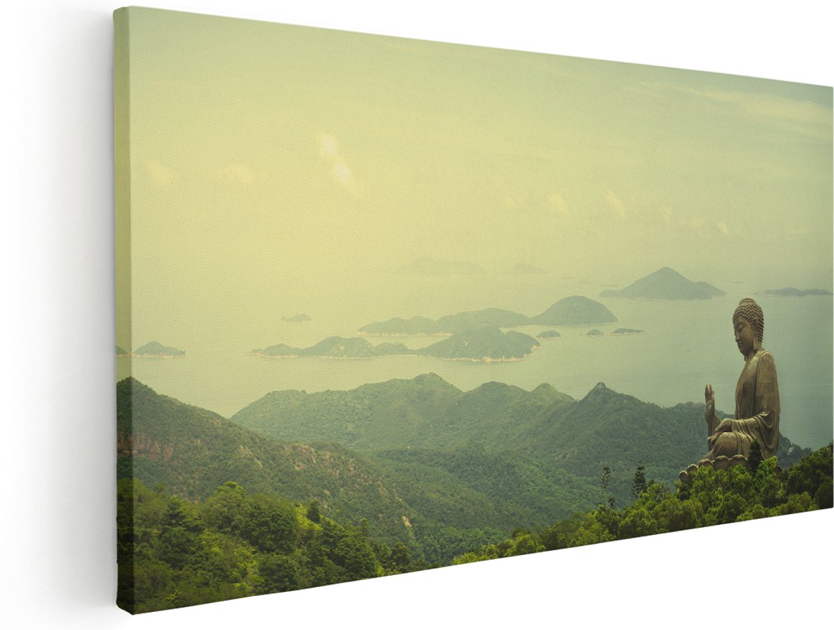 Artaza Canvas Schilderij Boeddha Standbeeld In Het Bos - 180x90 cm - Groot - Wanddecoratie Woonkamer - Schilderijen - Muurdecoratie