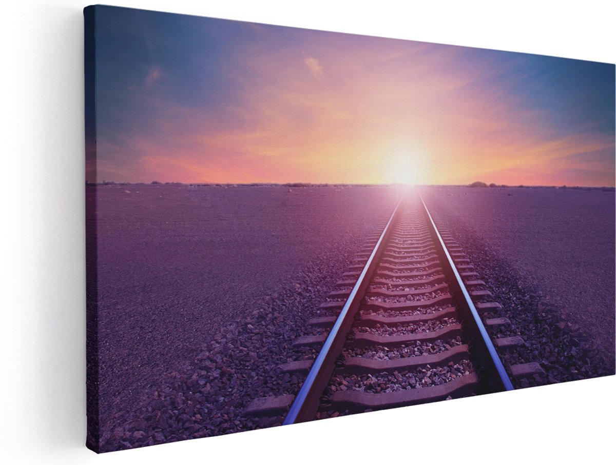 Artaza Canvas Schilderij Rails Spoorweg In De Woestijn Bij Zonondergang - 180x90 cm - Groot - Wanddecoratie Woonkamer - Schilderijen - Muurdecoratie