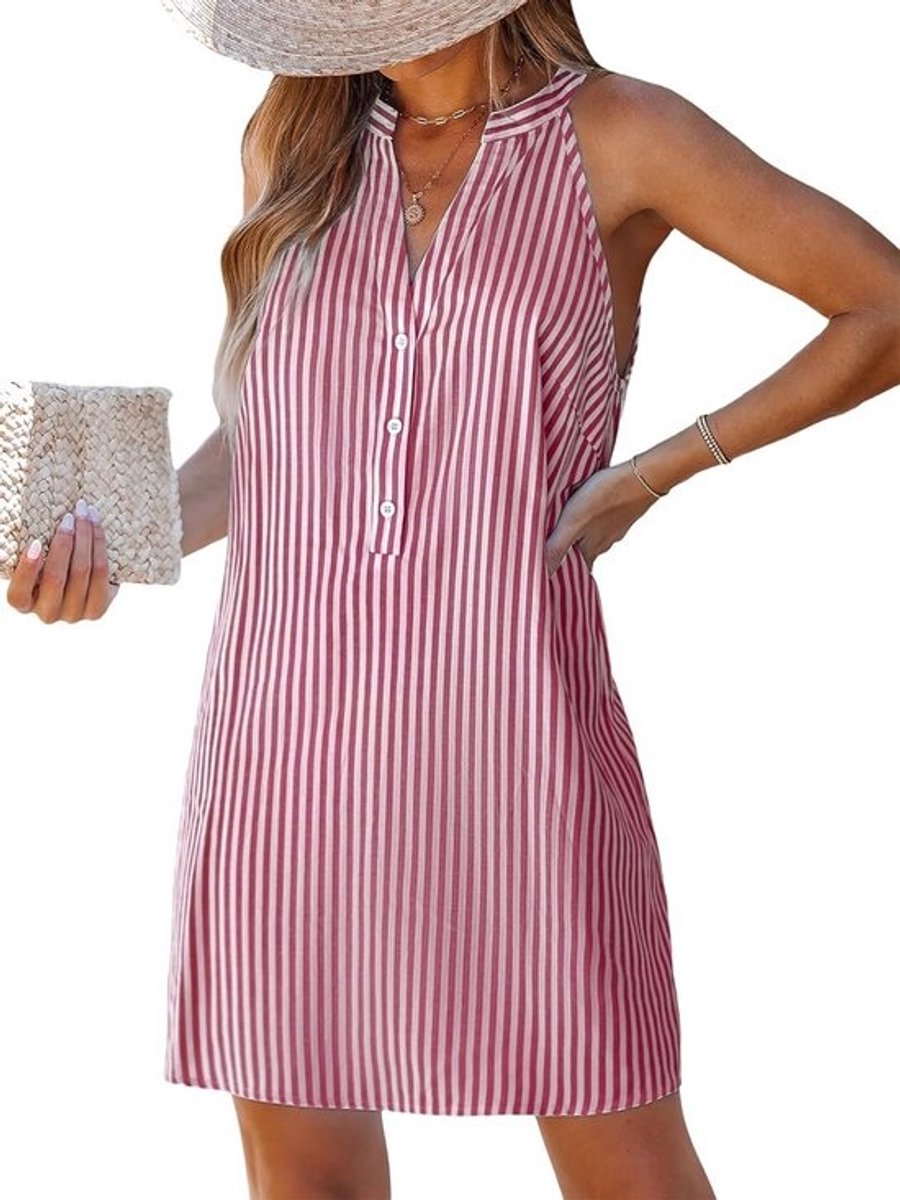 Zomerjurk Dames V-hals Mouwloos Gestreept Mini Strandjurk Casual