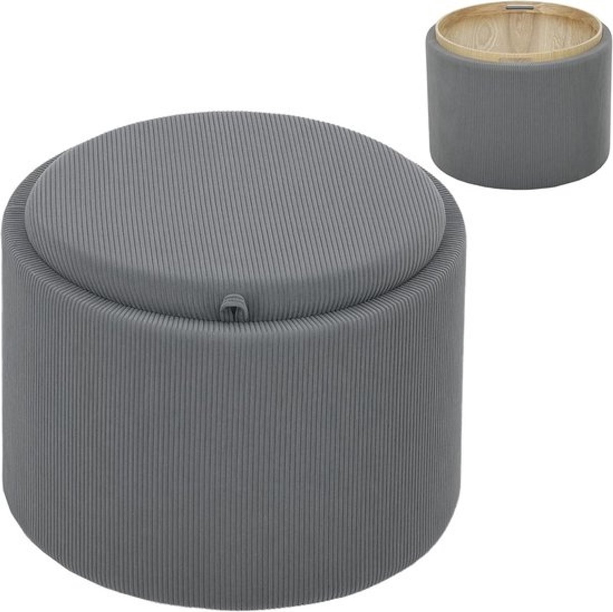 Ronde Poef met Opbergruimte en Deksel, Gestoffeerde Zit- of Salontafel in Grijze Corduroy-Look