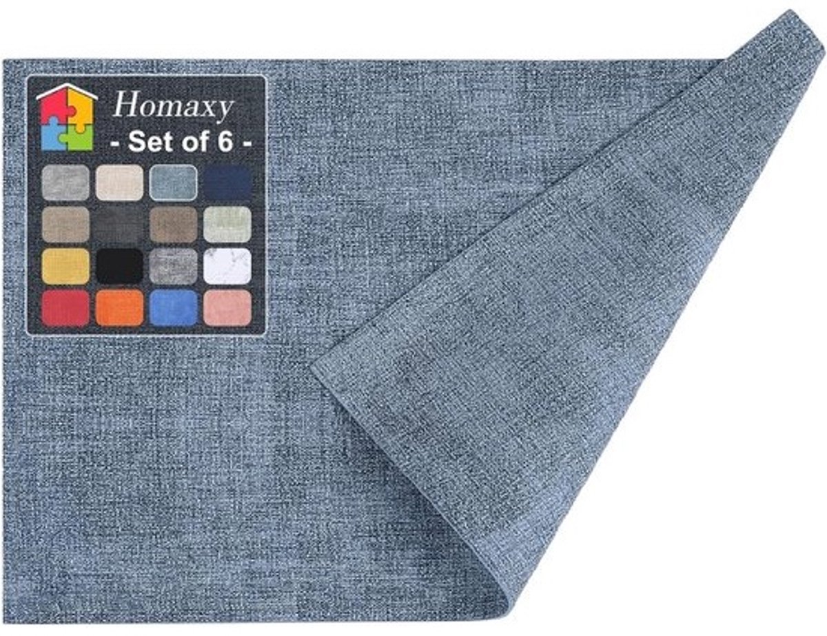 Set van 6 Hittebestendige Placemats Kunstleer - Waterdicht & Afwasbaar - Antislip Tafelmatten 30x43 cm Blauw