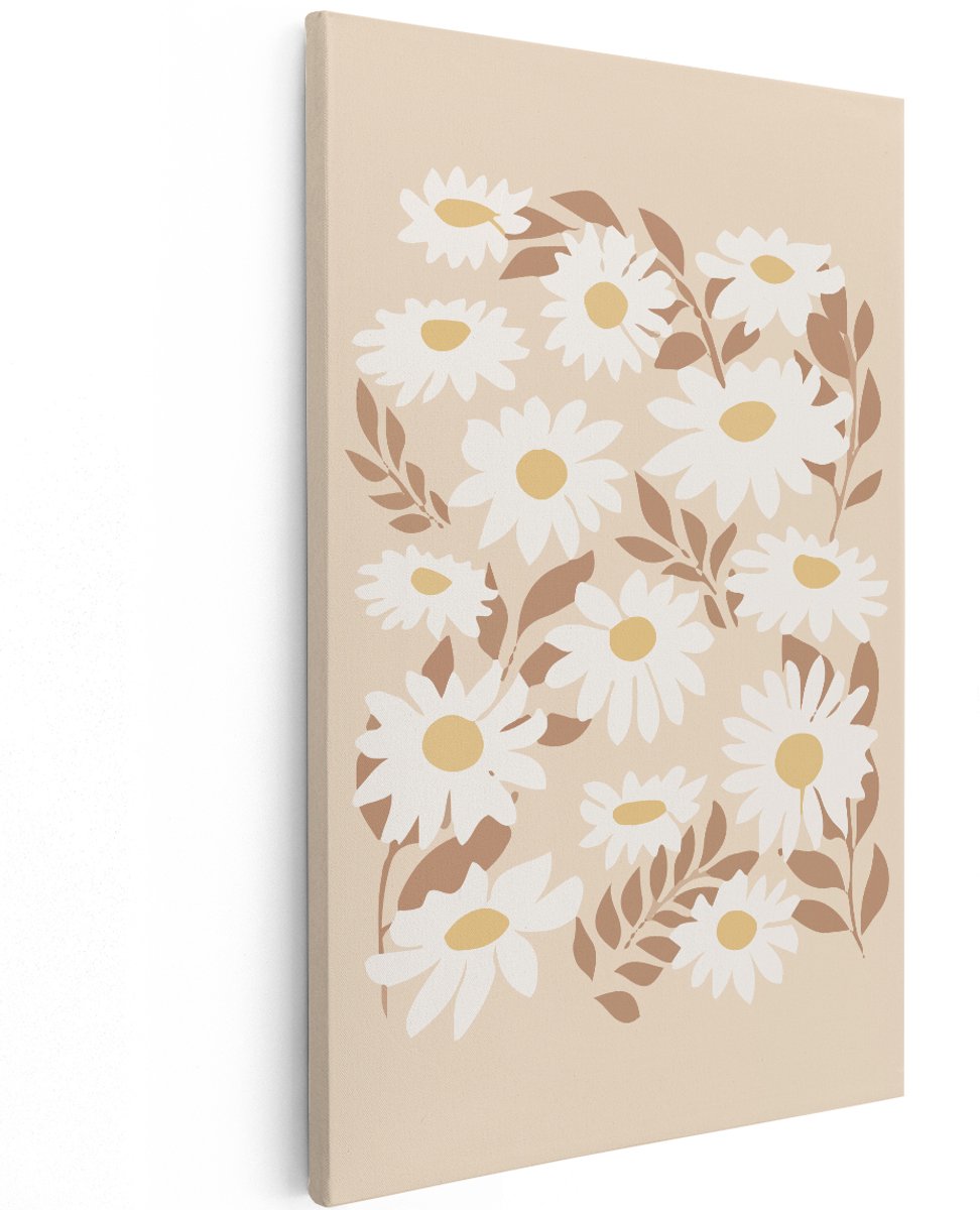 Artaza Canvas Schilderij Madeliefjes - 120x180 cm - Groot - Boho Wanddecoratie Bloemen - Muurdecoratie Abstract - Decoratie Woonkamer Beige