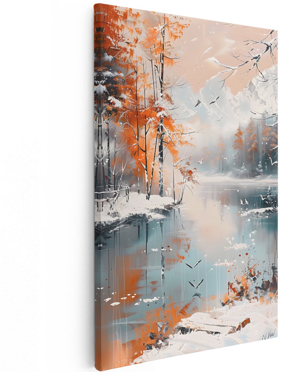 Artaza Canvas Schilderij Winterlandschap - 120x180 cm - Groot - Wanddecoratie Natuur - Muurdecoratie Bos - Schilderijen Op Canvas Vogels - Oranje