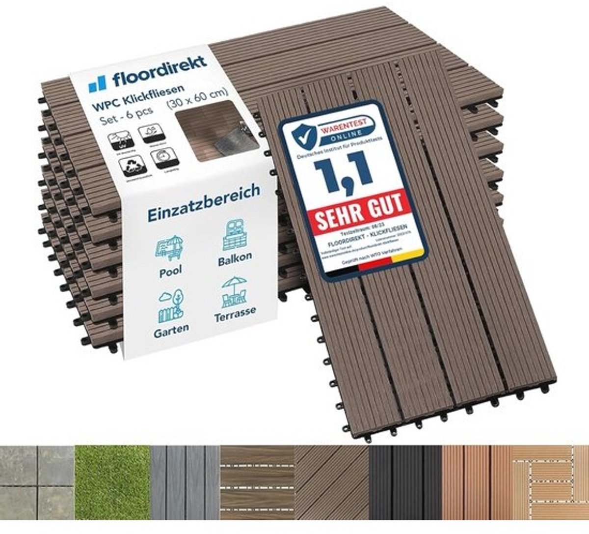 WPC Tegels 60 x 30 cm - 6 Stuks Tuintegels, Kliktegels voor Balkon en Terras, Weersbestendig met Drainagefunctie, Donkerbruin