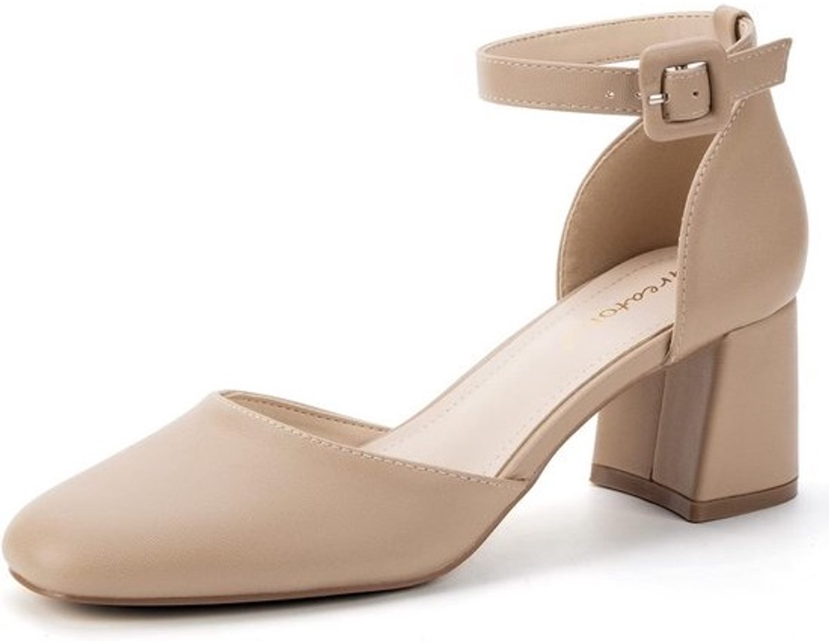 Dames Pumps met Blokhak en Enkelbandje Vierkante Neus Bruiloft Feest Schoenen