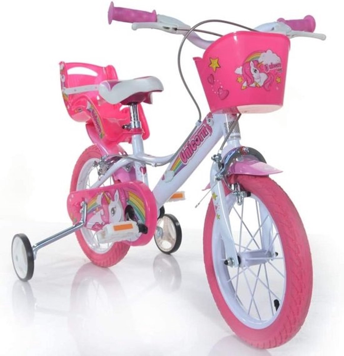 Eenhoorn Kinderfiets 14 Inch - Wit/Roze met Zijwieltjes en Fietsmand